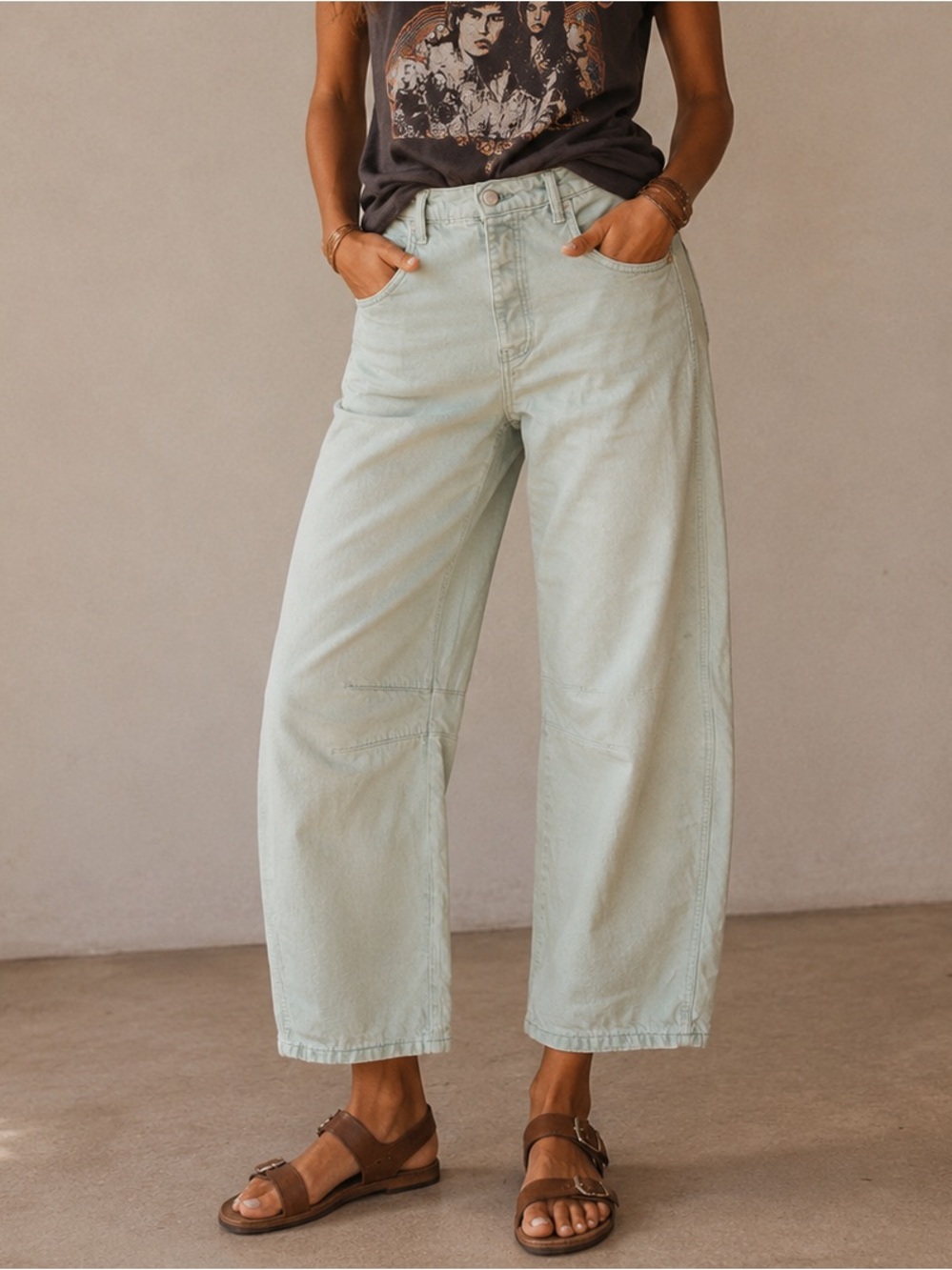 Free People We The Free Good Luck Mid-Rise Barrel Jeans Sprout Green 30 Wide Leg